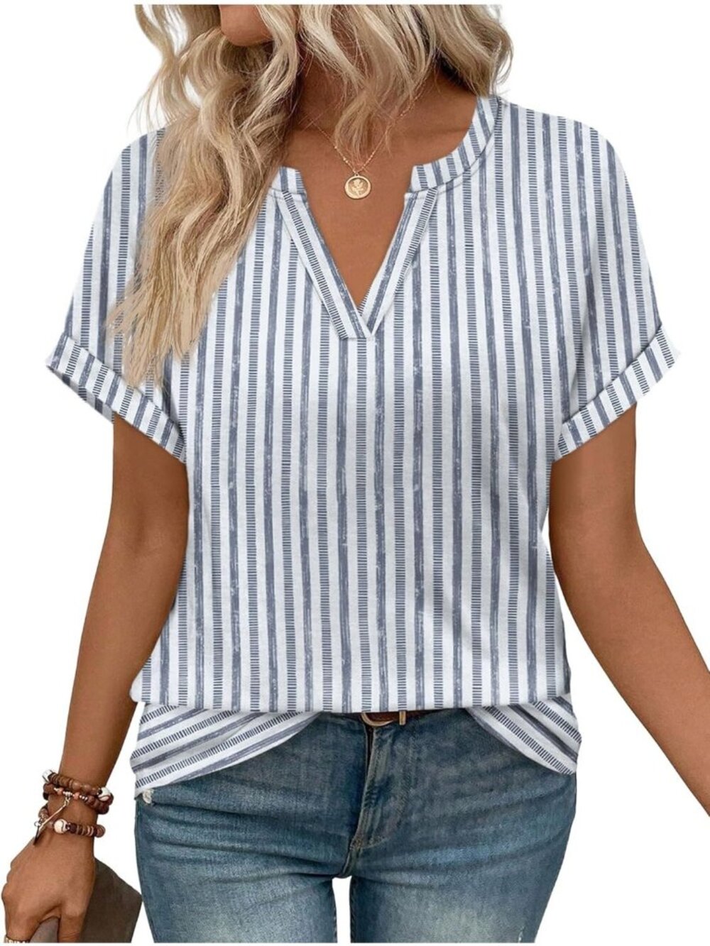 Women's T-Shirts Blue Stripe V Neck Short Sleeve Casual Dress Summer Comfort